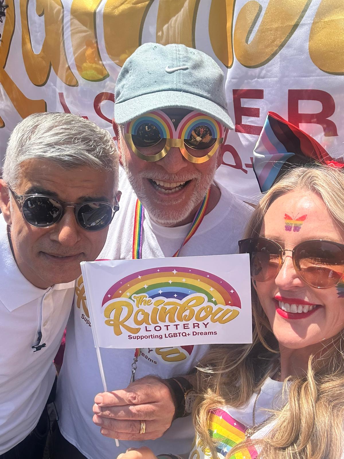 Mayor of London, Sadiq Kahn, with Tom Gattos, co-founder of the Rainbow Lottery and Sharon McMillan